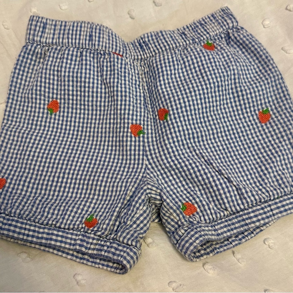Baby Boden Blue Gingham Shorts with Strawberry Embroidery